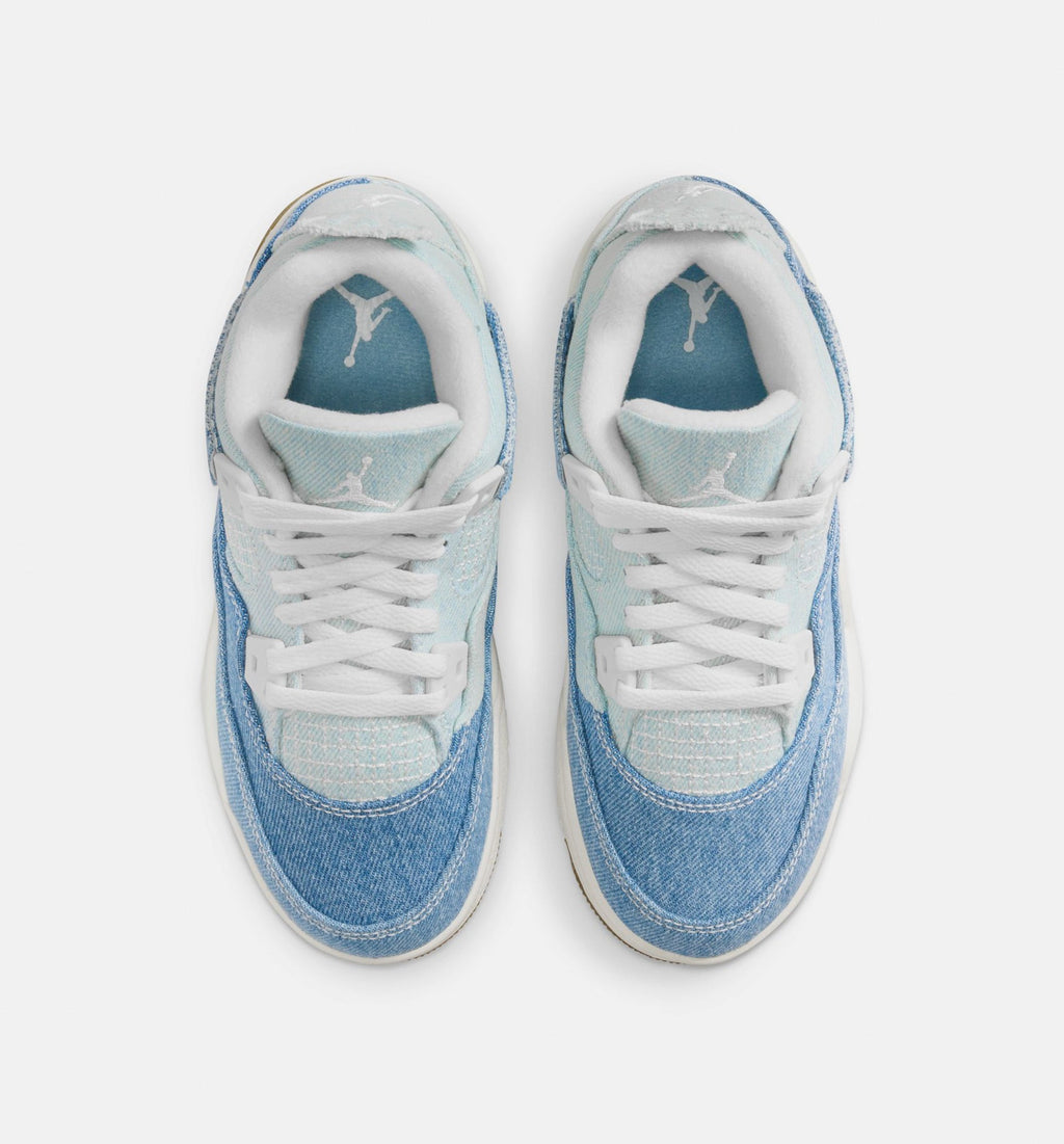 Air Jordan 4 Retro Worn Blue Preschool Lifestyle Shoes - Sail / Worn Blue / Metallic Gold