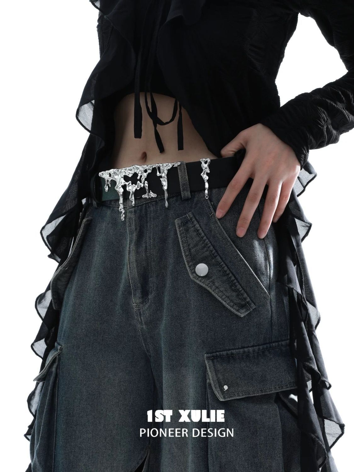 1STXULIE Leather Belt Liquid Lava Metal Sculpture Avant-Garde Waist