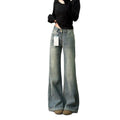 Vintage Washed Slub Flare Denim Jeans High Waist Slim Bootcut Pants