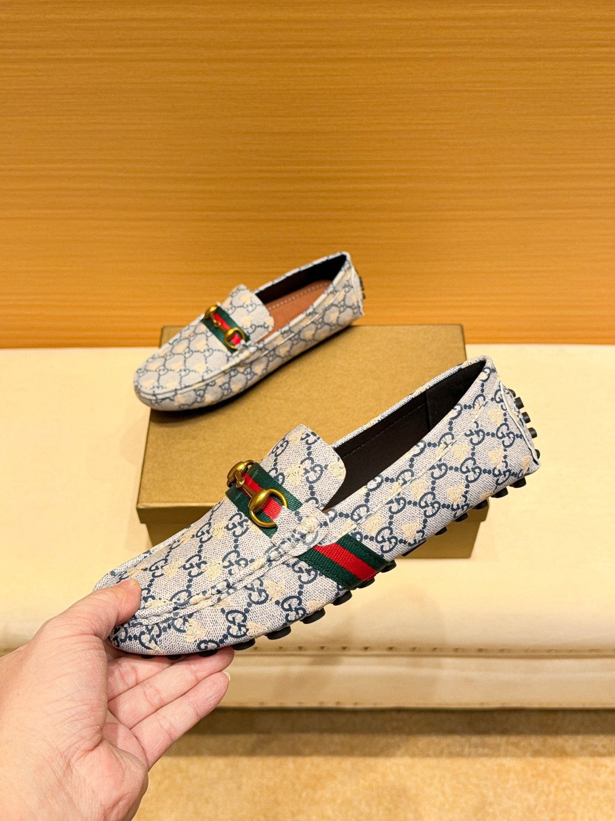 Gucci Patterned Web Driving Loafers